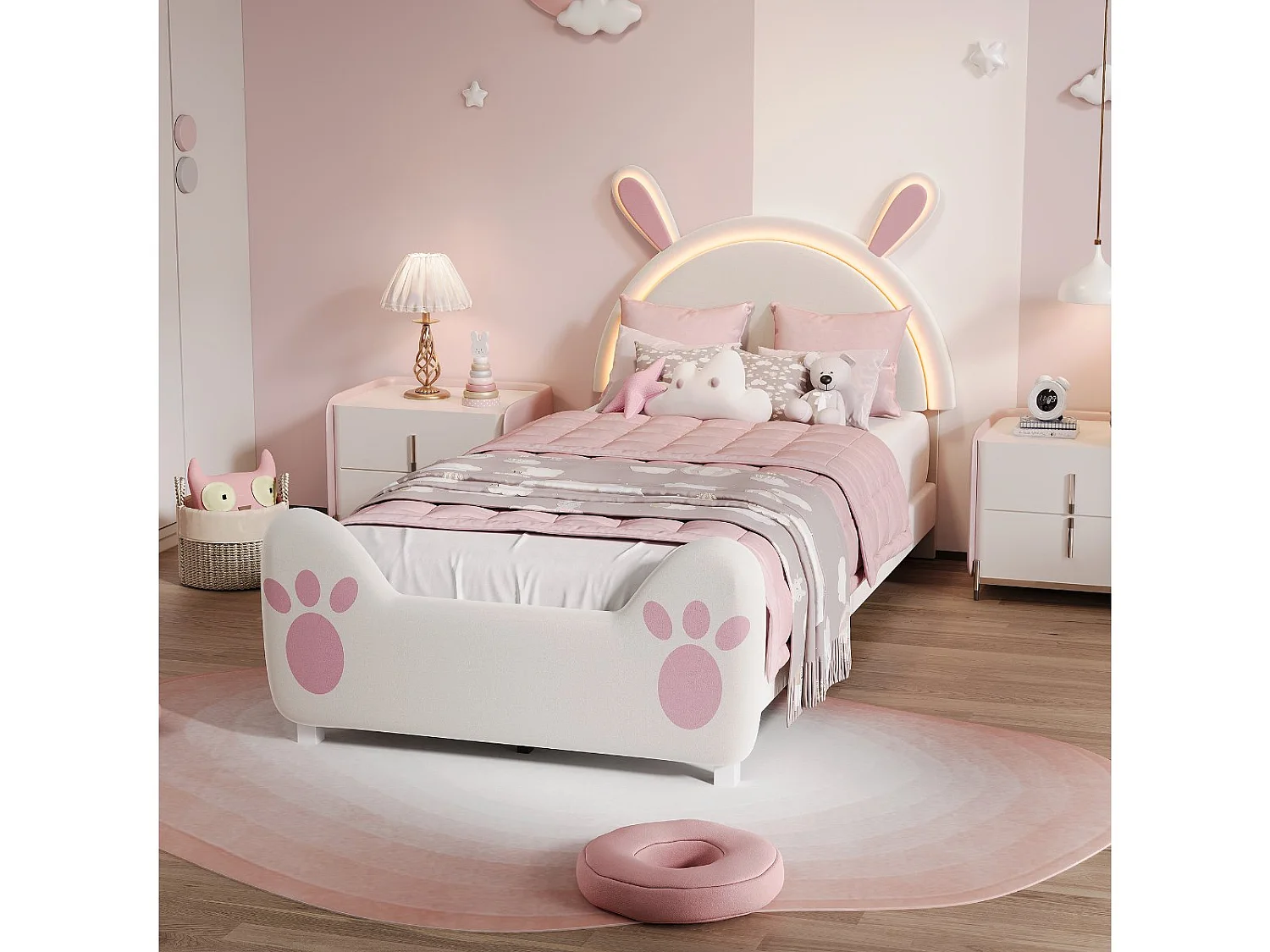 Lit enfant lapin 140 x 200 cm - Rose et blanc - LED, tête de lit lapin et pied de lit patte