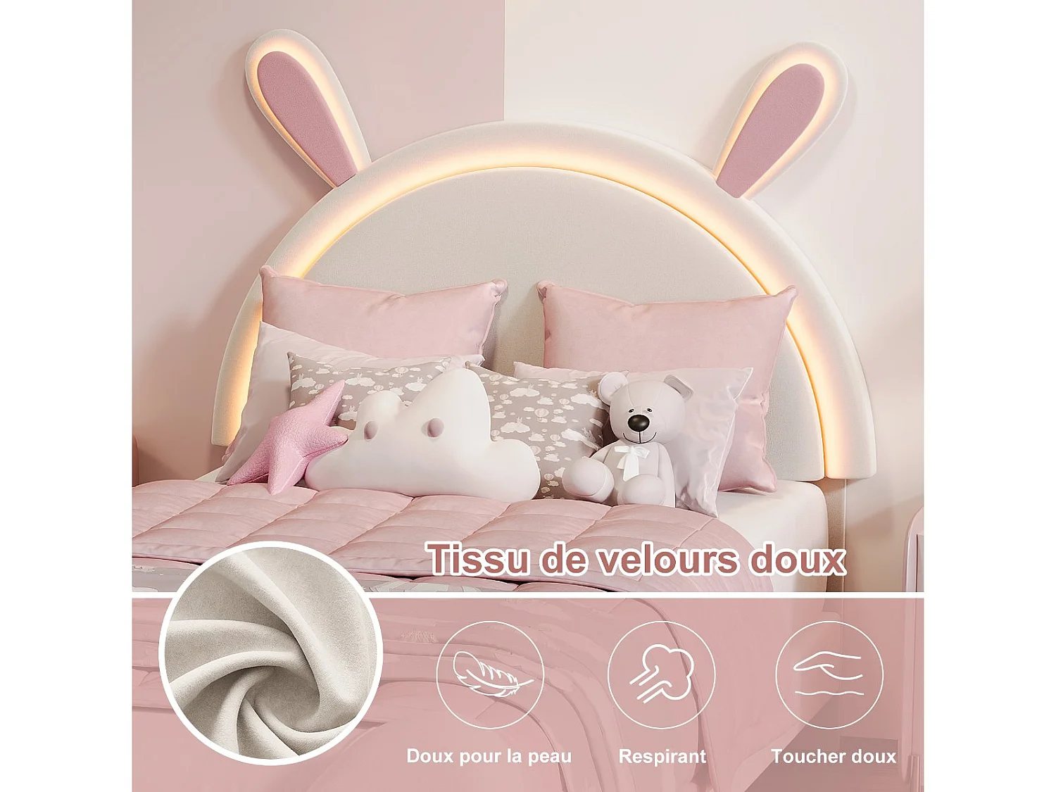 Lit enfant lapin 140 x 200 cm - Rose et blanc - LED, tête de lit lapin et pied de lit patte