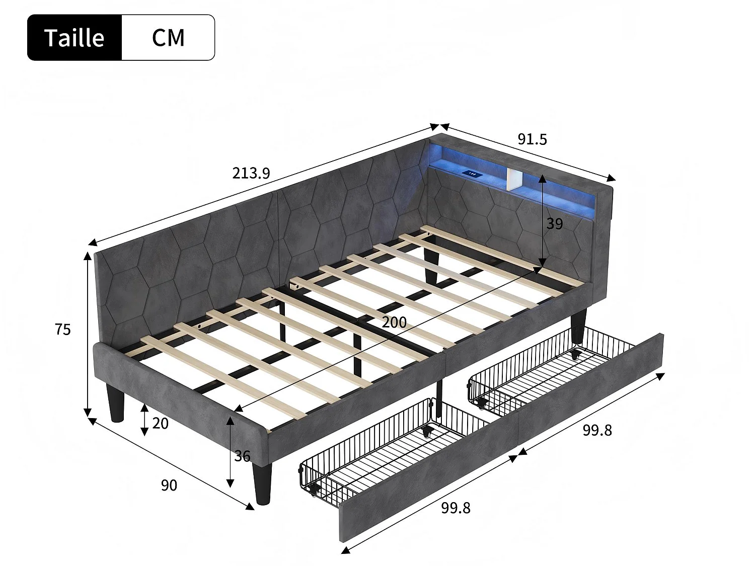 Lit banquette en velours - 90 x 200 cm - avec tiroirs, LED et rangements - Gris