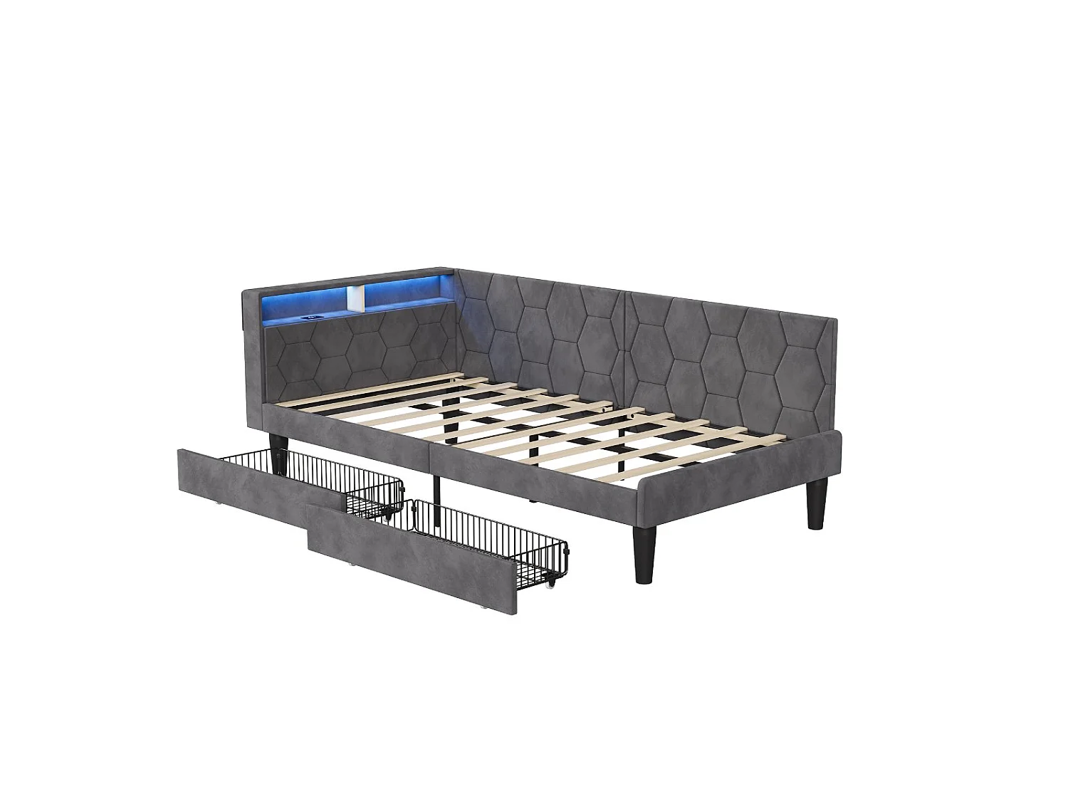 Lit banquette en velours - 90 x 200 cm - avec tiroirs, LED et rangements - Gris