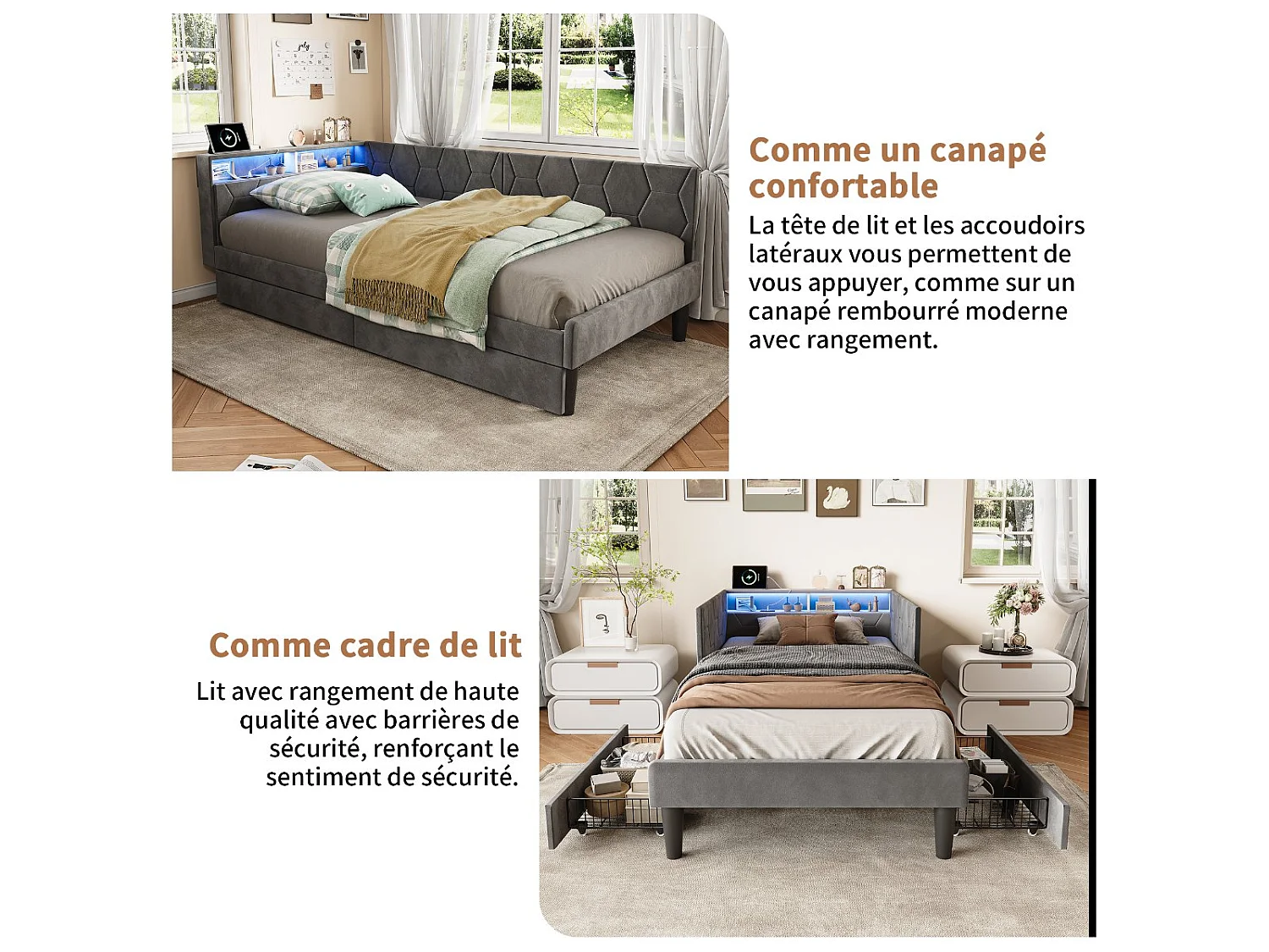 Lit banquette en velours - 90 x 200 cm - avec tiroirs, LED et rangements - Gris
