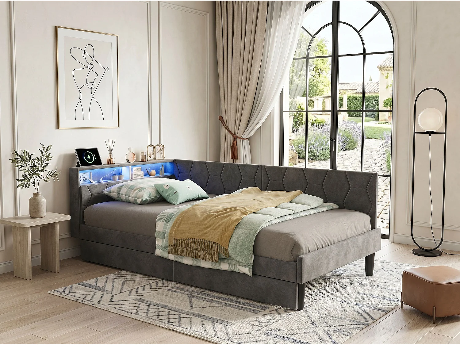 Lit banquette en velours - 90 x 200 cm - avec tiroirs, LED et rangements - Gris