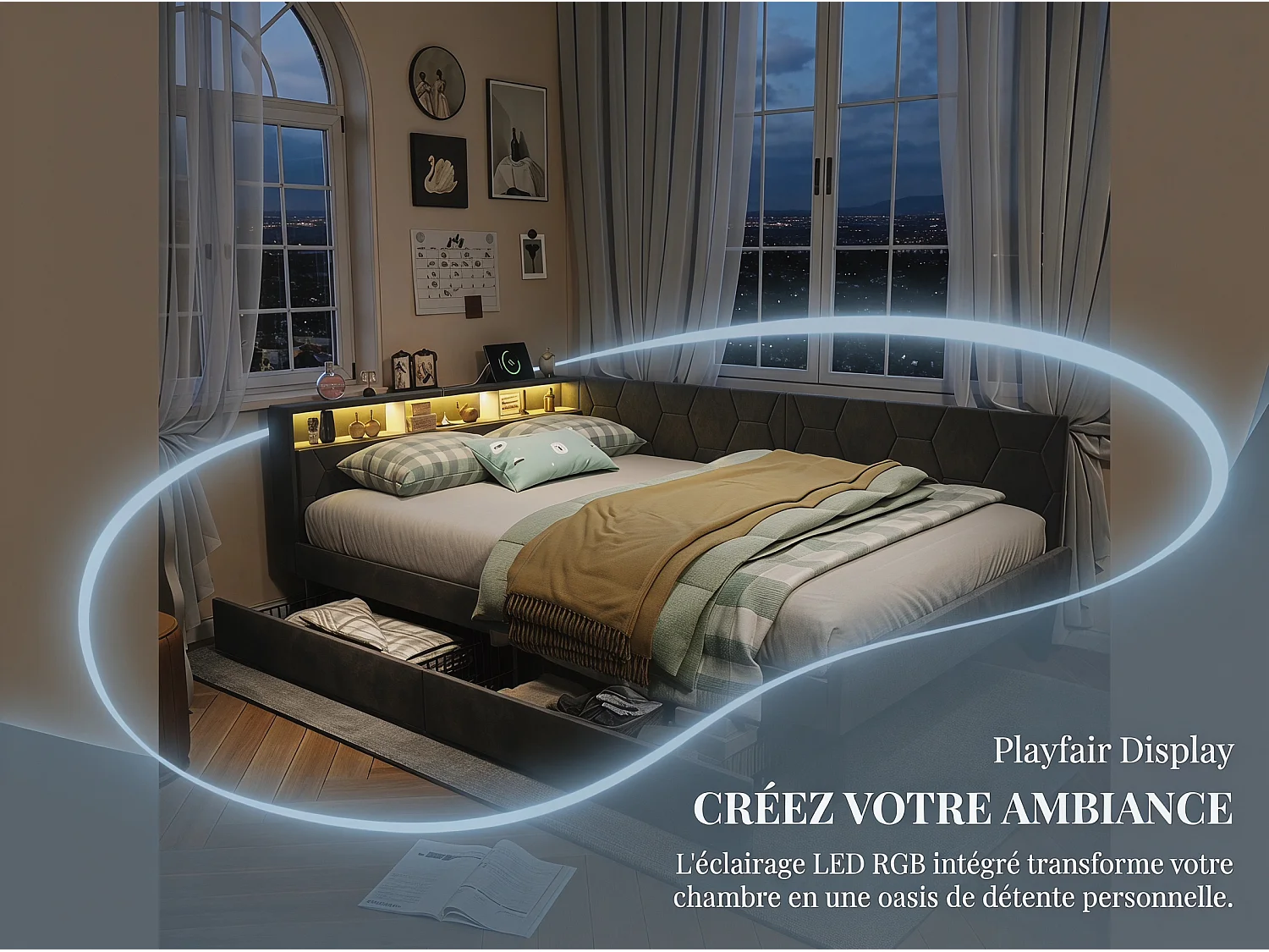Lit banquette en velours - 90 x 200 cm - avec tiroirs, LED et rangements - Gris