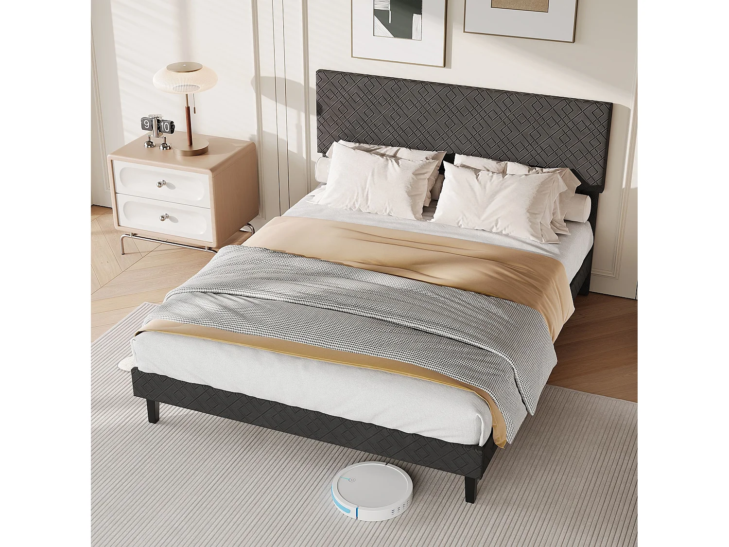 Lit double 160 x 200 cm - Tissu gris - Tête de lit capitonnée et cadre rembourré