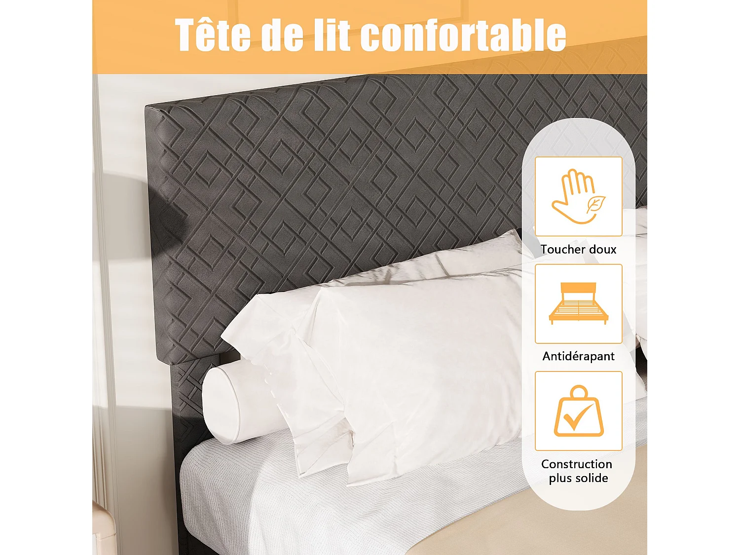 Lit double 160 x 200 cm - Tissu gris - Tête de lit capitonnée et cadre rembourré