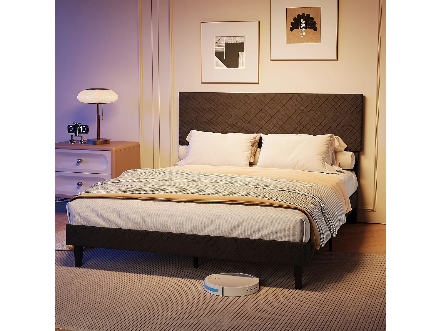 Lit double 160 x 200 cm - Tissu gris - Tête de lit capitonnée et cadre rembourré