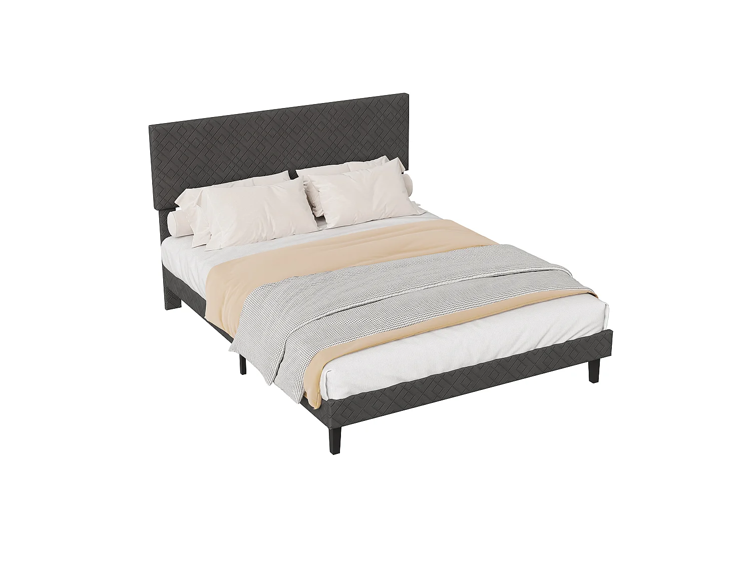 Lit double 160 x 200 cm - Tissu gris - Tête de lit capitonnée et cadre rembourré