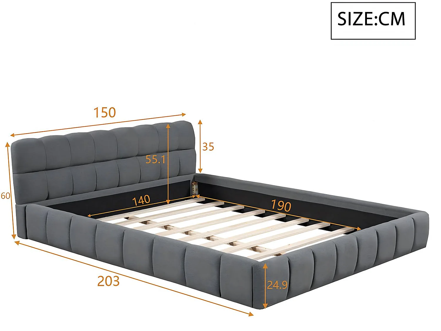 Lit double 140x190 cm gris, lit en lin avec sommier à lattes, tête de lit rembourrée, cadre de lit élégant et confortable
