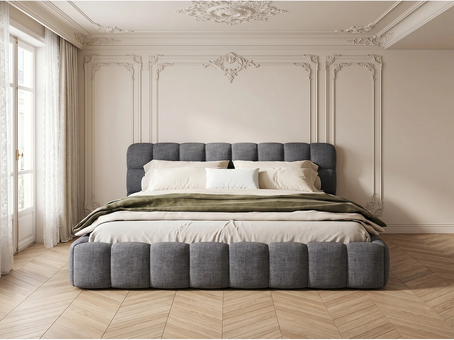 Lit double 140x190 cm gris, lit en lin avec sommier à lattes, tête de lit rembourrée, cadre de lit élégant et confortable