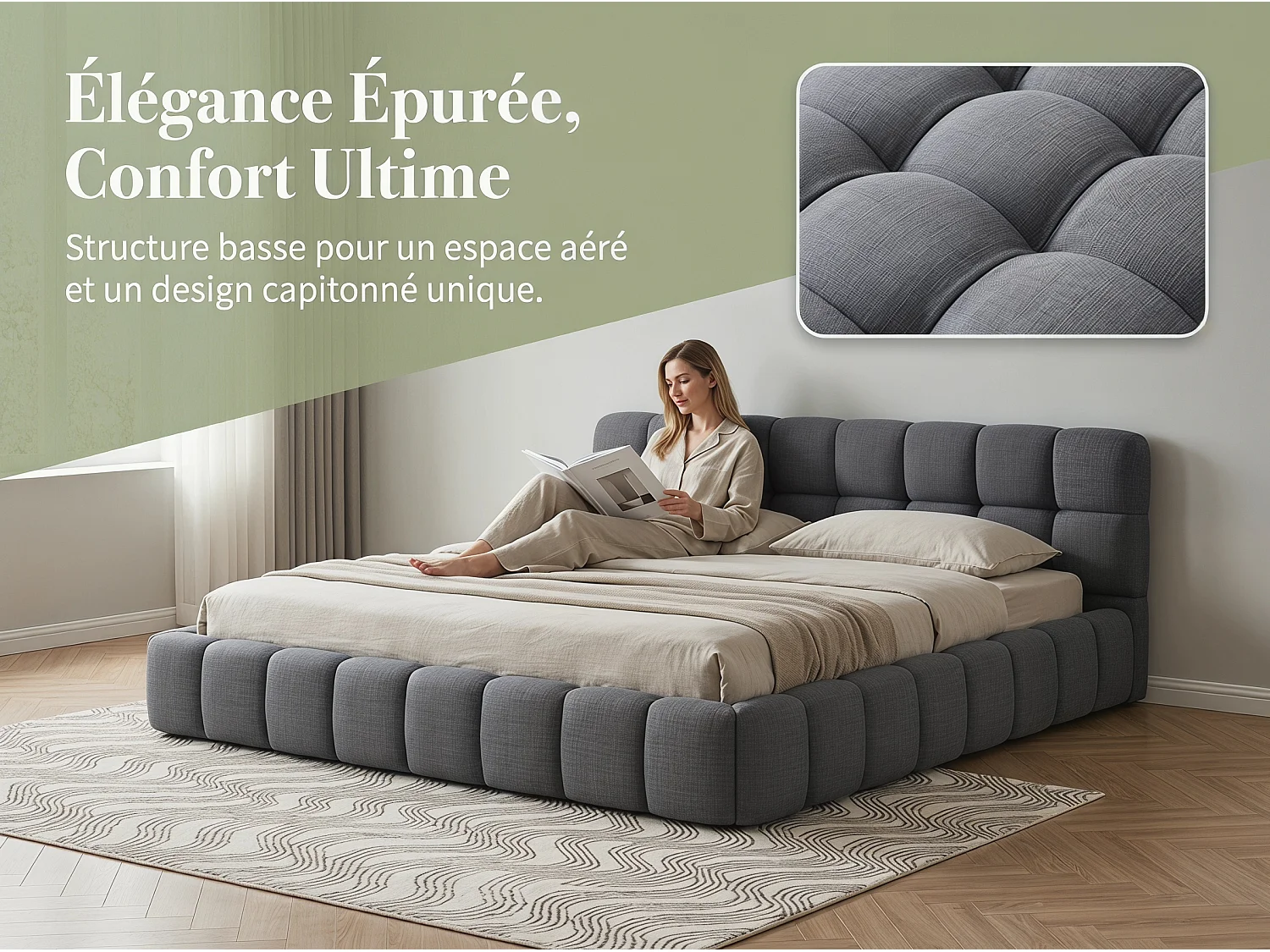 Lit double 140x190 cm gris, lit en lin avec sommier à lattes, tête de lit rembourrée, cadre de lit élégant et confortable
