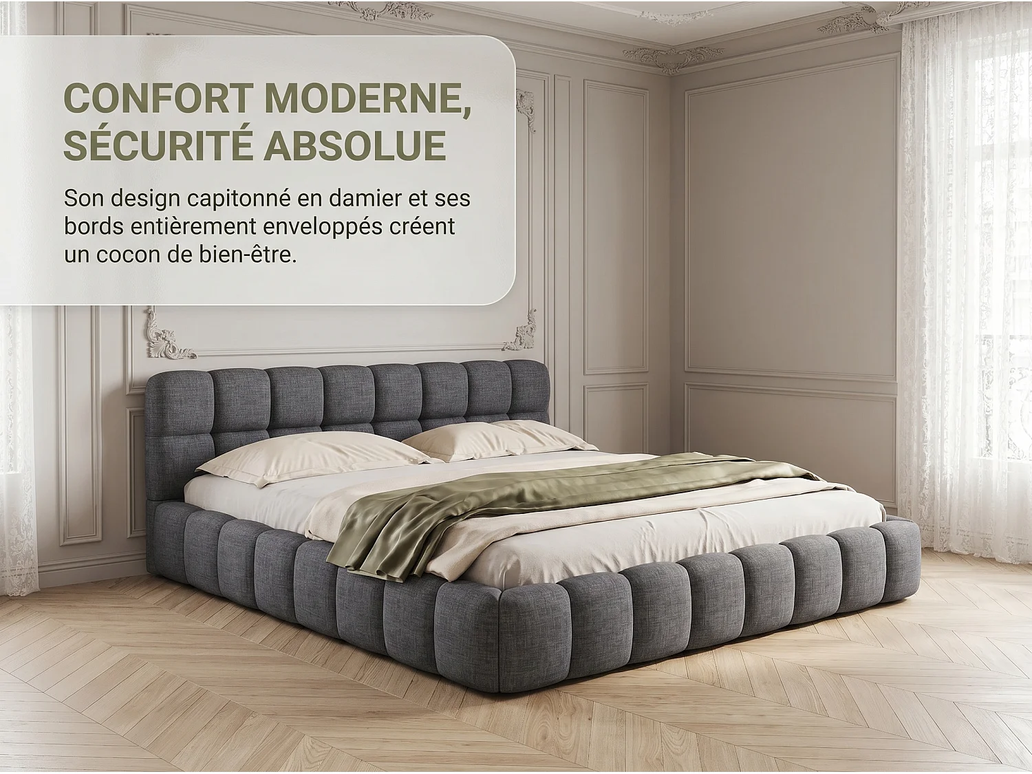 Lit double 140x190 cm gris, lit en lin avec sommier à lattes, tête de lit rembourrée, cadre de lit élégant et confortable