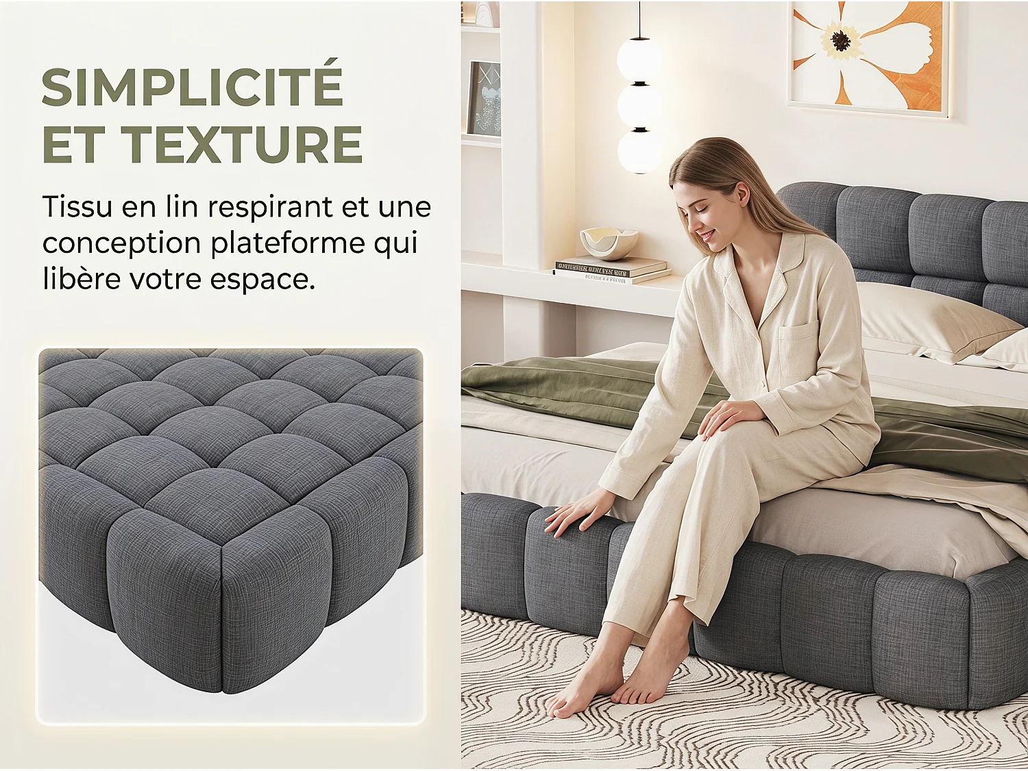 Lit double 140x190 cm gris, lit en lin avec sommier à lattes, tête de lit rembourrée, cadre de lit élégant et confortable