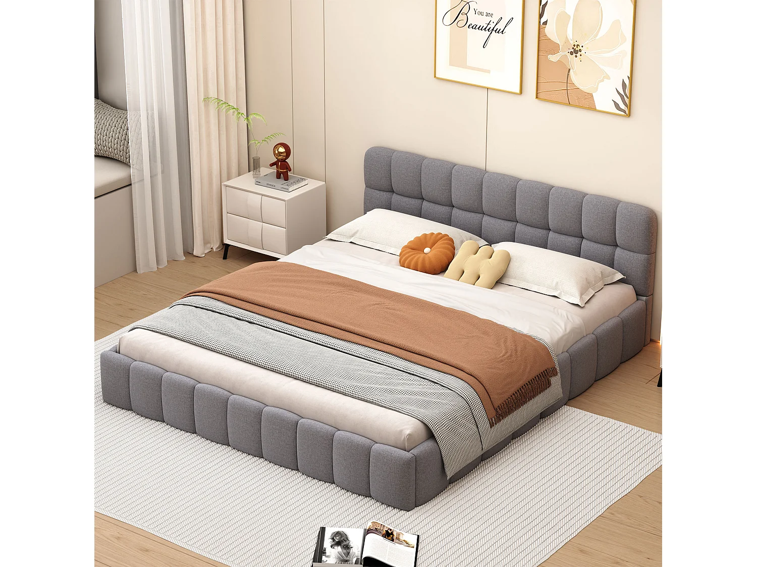 Lit double 140x190 cm gris, lit en lin avec sommier à lattes, tête de lit rembourrée, cadre de lit élégant et confortable