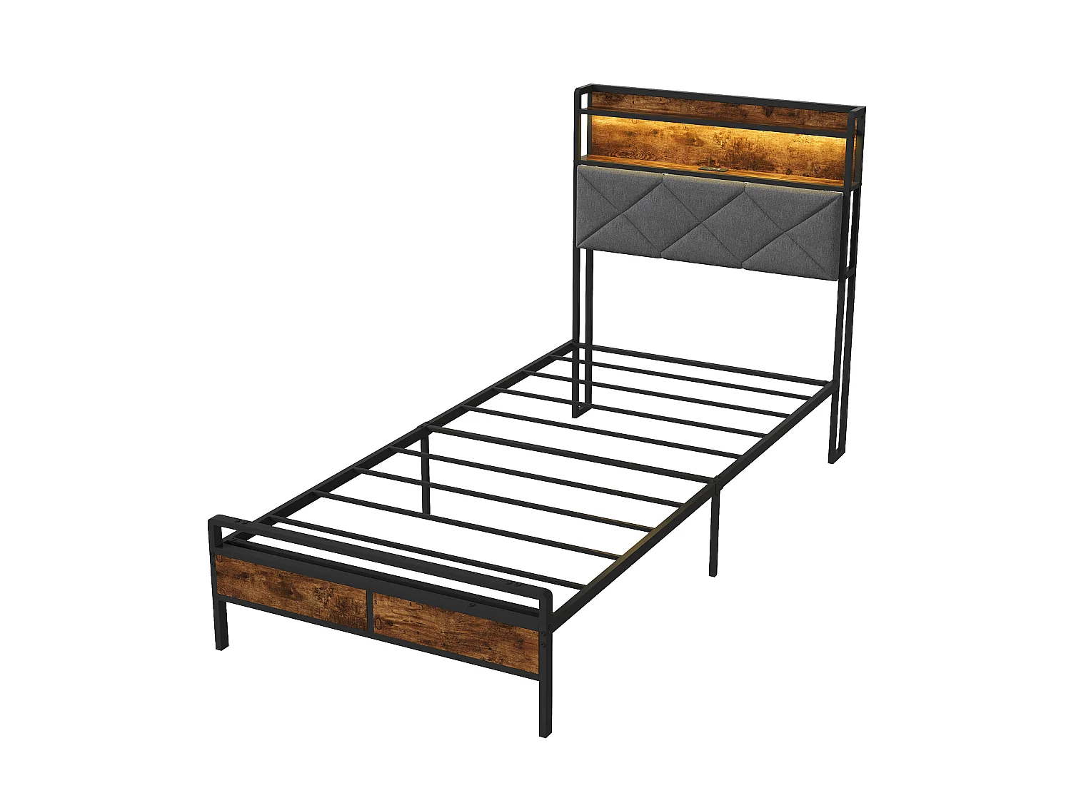 Lit double 90x200 cm noir, tête de lit rembourrée avec rangement, LED et USB, cadre de lit adulte avec étagère