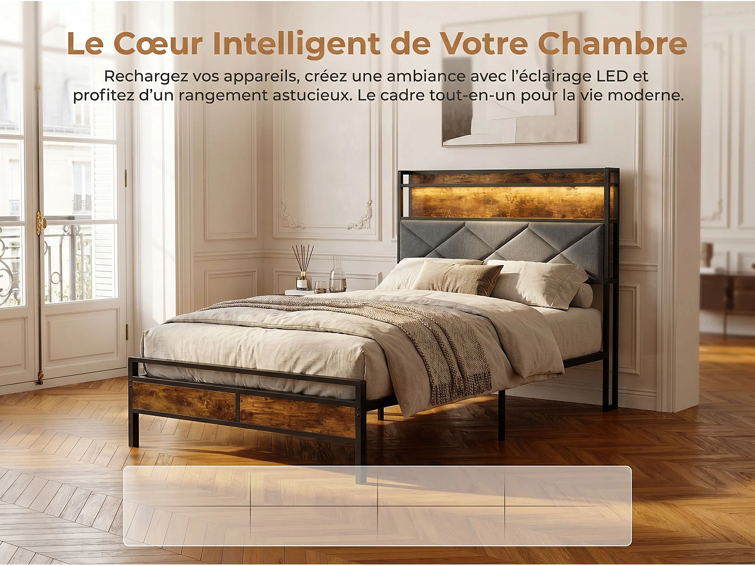 Lit double 90x200 cm noir, tête de lit rembourrée avec rangement, LED et USB, cadre de lit adulte avec étagère