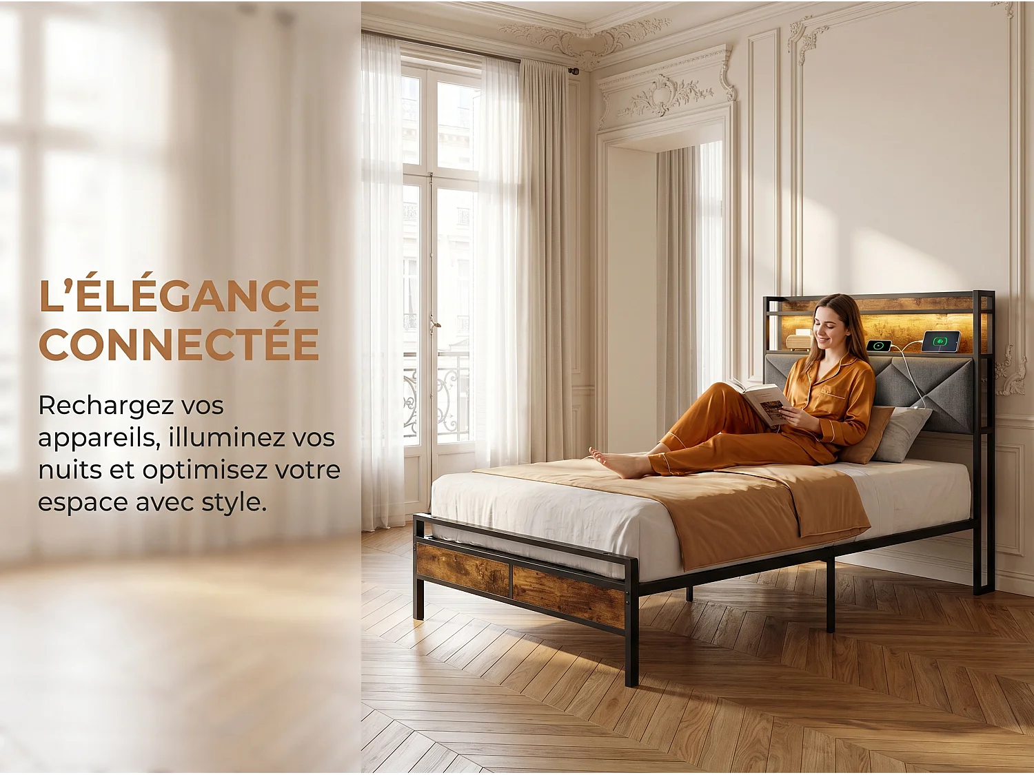 Lit double 90x200 cm noir, tête de lit rembourrée avec rangement, LED et USB, cadre de lit adulte avec étagère