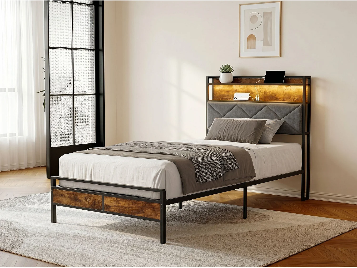 Lit double 90x200 cm noir, tête de lit rembourrée avec rangement, LED et USB, cadre de lit adulte avec étagère