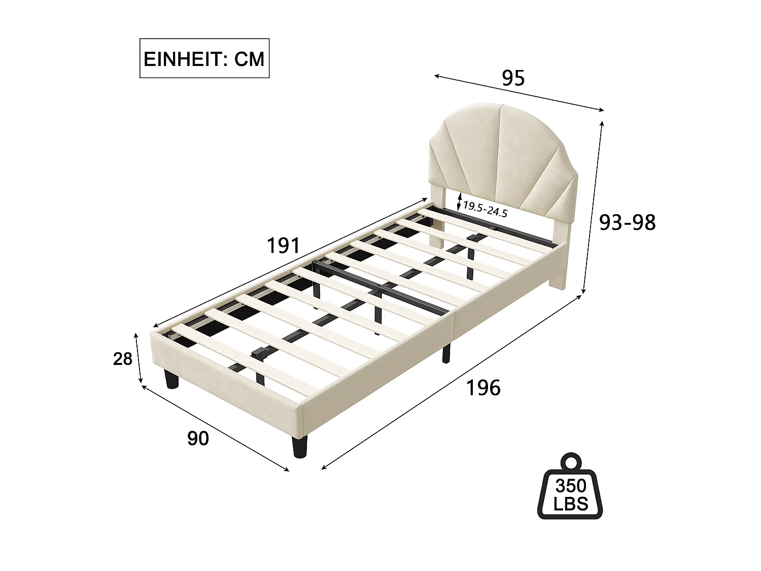 Lit enfant en velours - 90 x 190 cm - tête de lit coquillage rembourrée - Beige