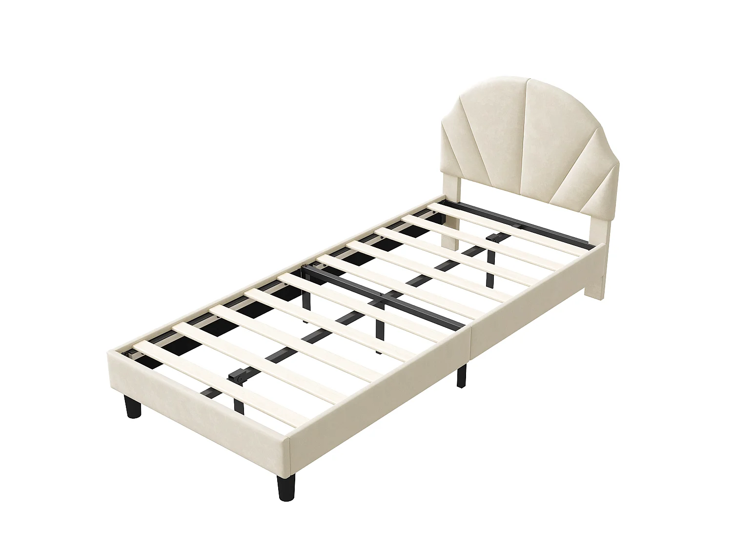 Lit enfant en velours - 90 x 190 cm - tête de lit coquillage rembourrée - Beige