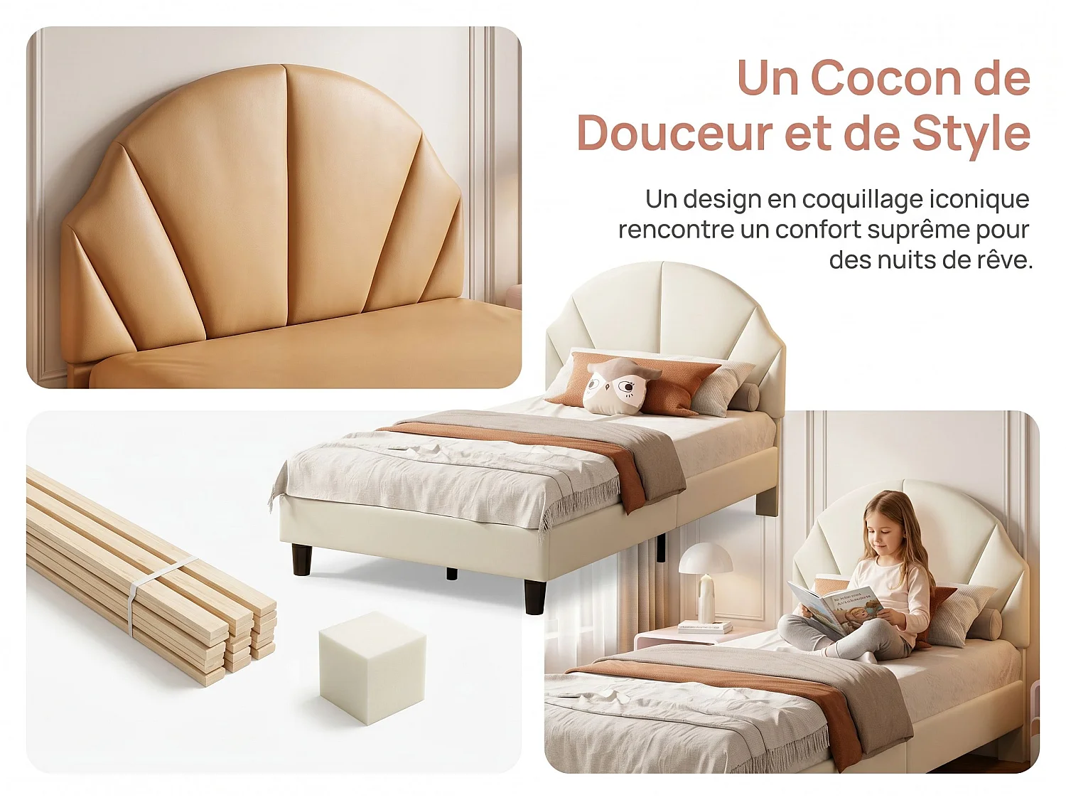 Lit enfant en velours - 90 x 190 cm - tête de lit coquillage rembourrée - Beige