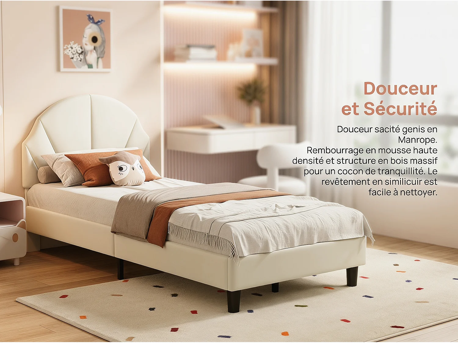 Lit enfant en velours - 90 x 190 cm - tête de lit coquillage rembourrée - Beige