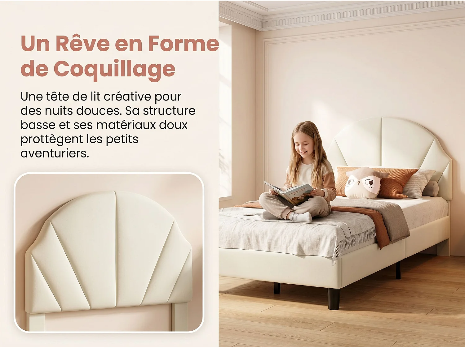 Lit enfant en velours - 90 x 190 cm - tête de lit coquillage rembourrée - Beige