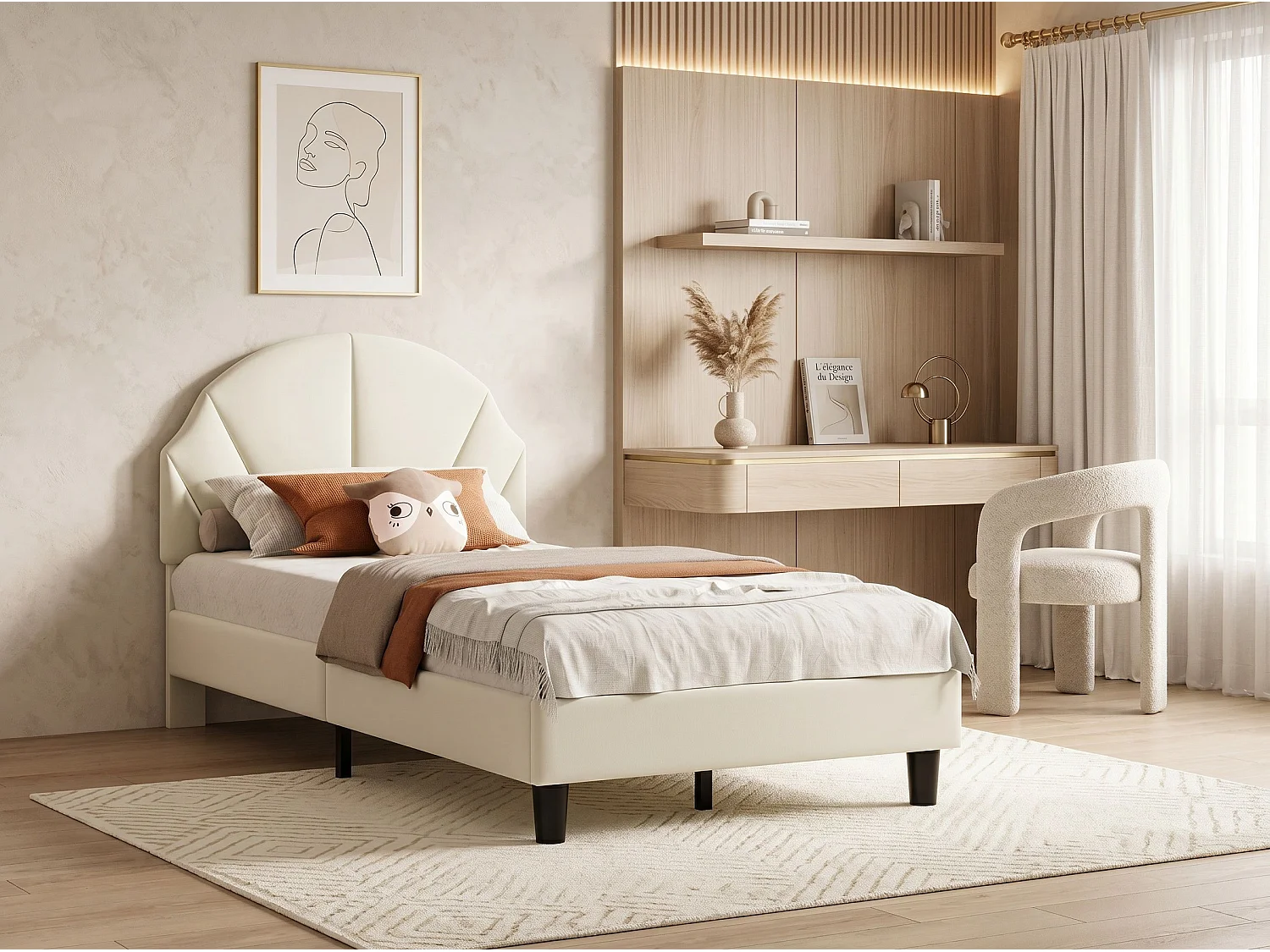 Lit enfant en velours - 90 x 190 cm - tête de lit coquillage rembourrée - Beige