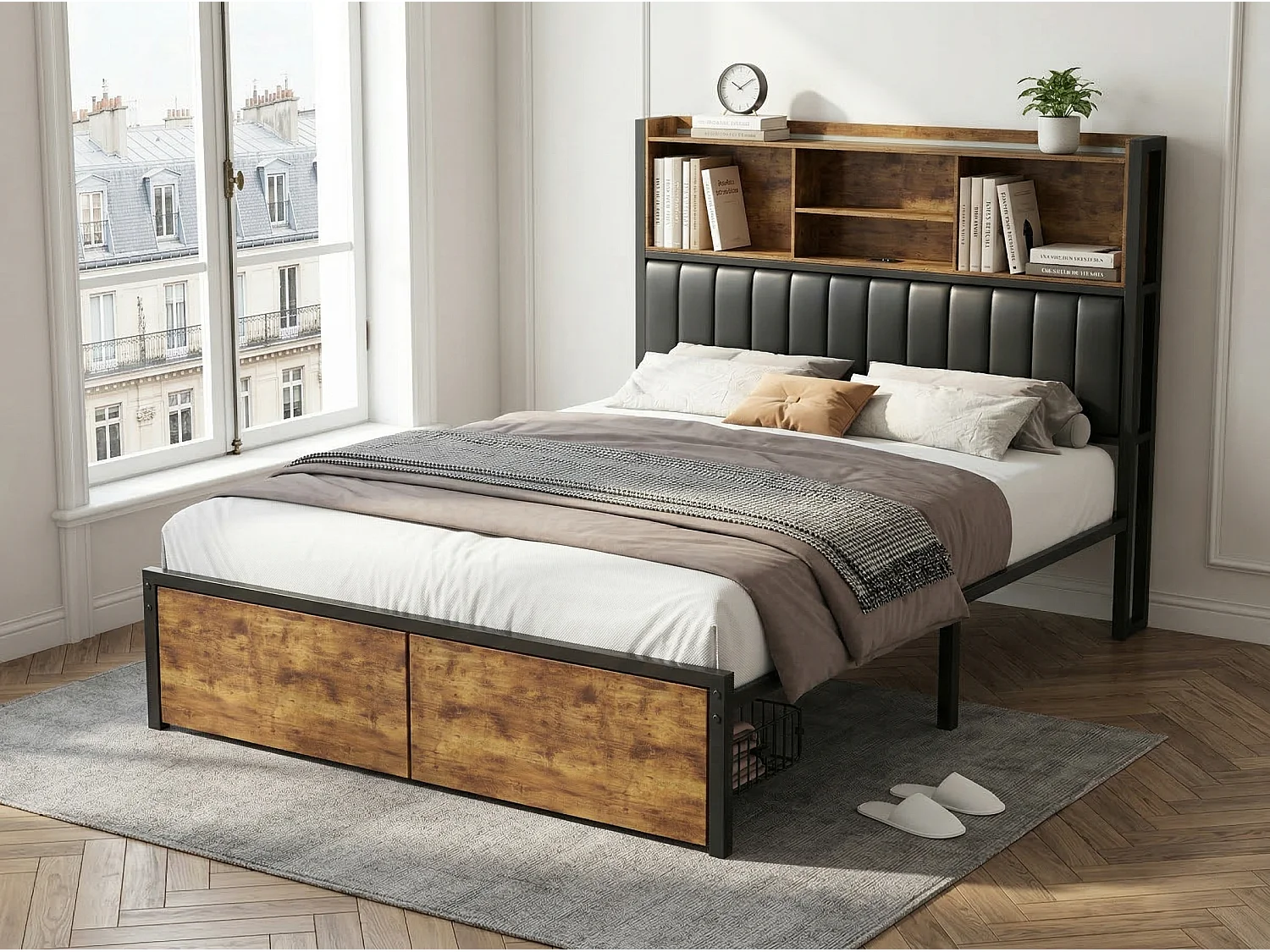 Lit coffre 160x200 cm noir, lit double avec sommier à lattes et tiroirs de rangement, tête de lit avec prise USB et étagère LED