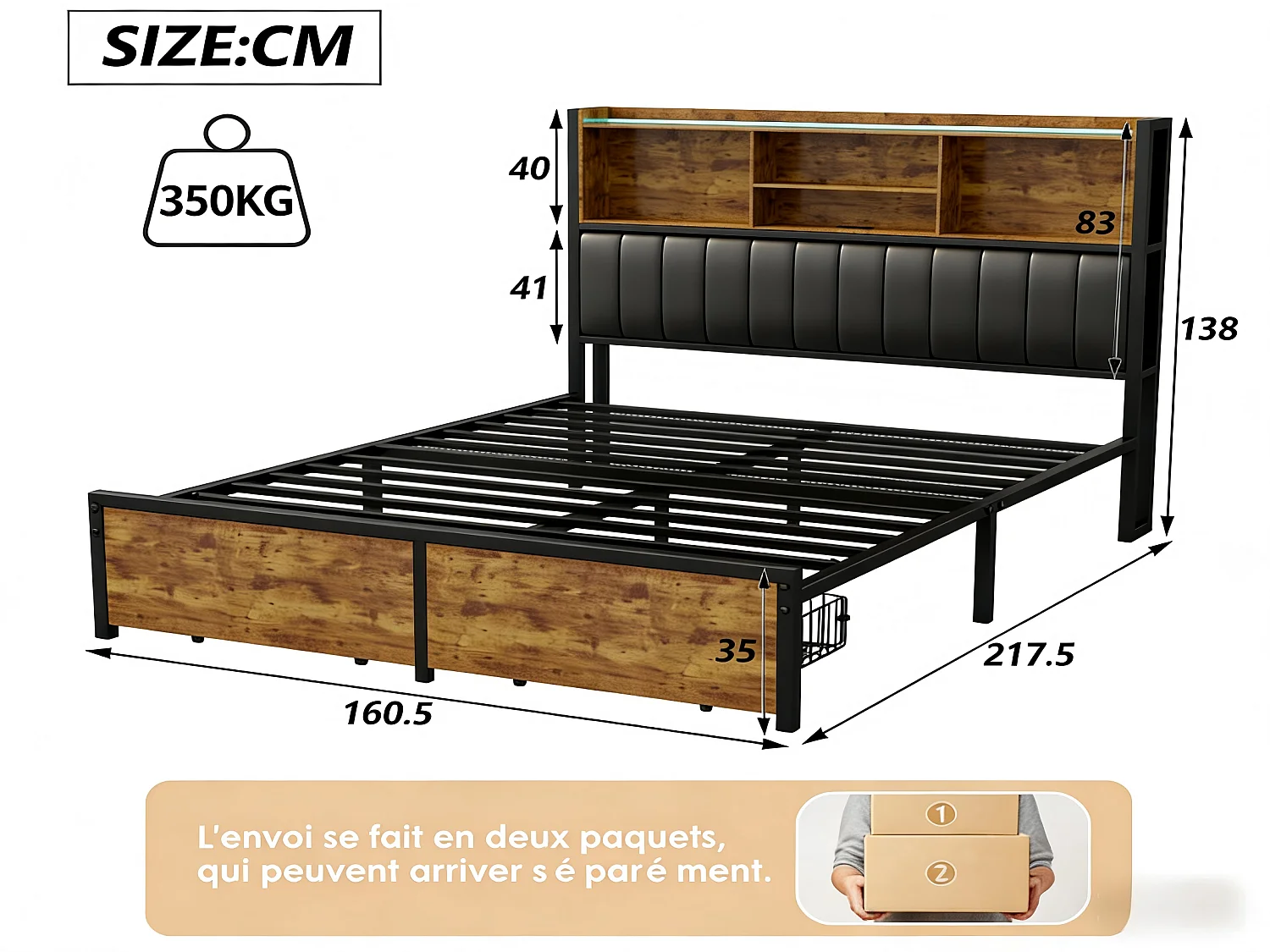 Lit coffre 160x200 cm noir, lit double avec sommier à lattes et tiroirs de rangement, tête de lit avec prise USB et étagère LED