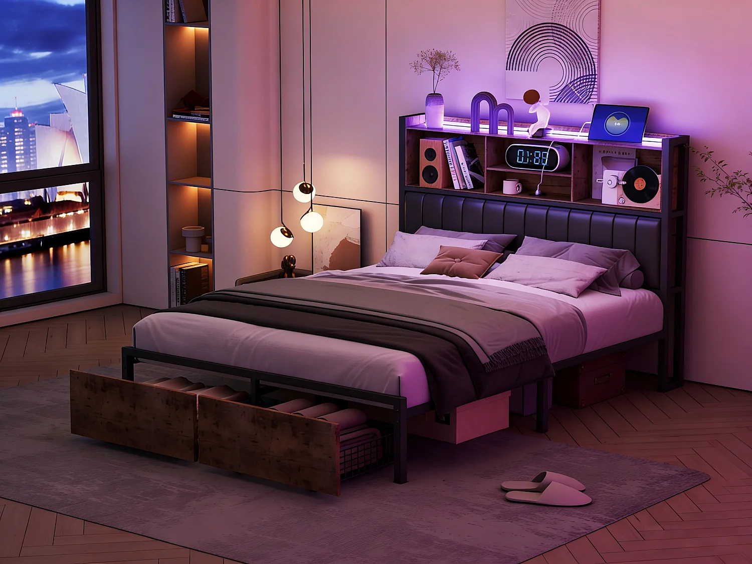 Lit coffre 160x200 cm noir, lit double avec sommier à lattes et tiroirs de rangement, tête de lit avec prise USB et étagère LED