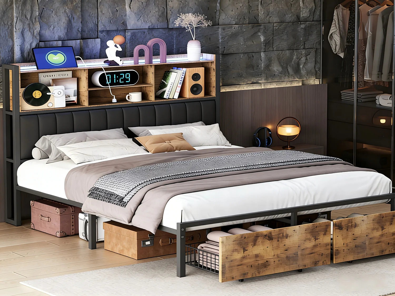 Lit coffre 160x200 cm noir, lit double avec sommier à lattes et tiroirs de rangement, tête de lit avec prise USB et étagère LED