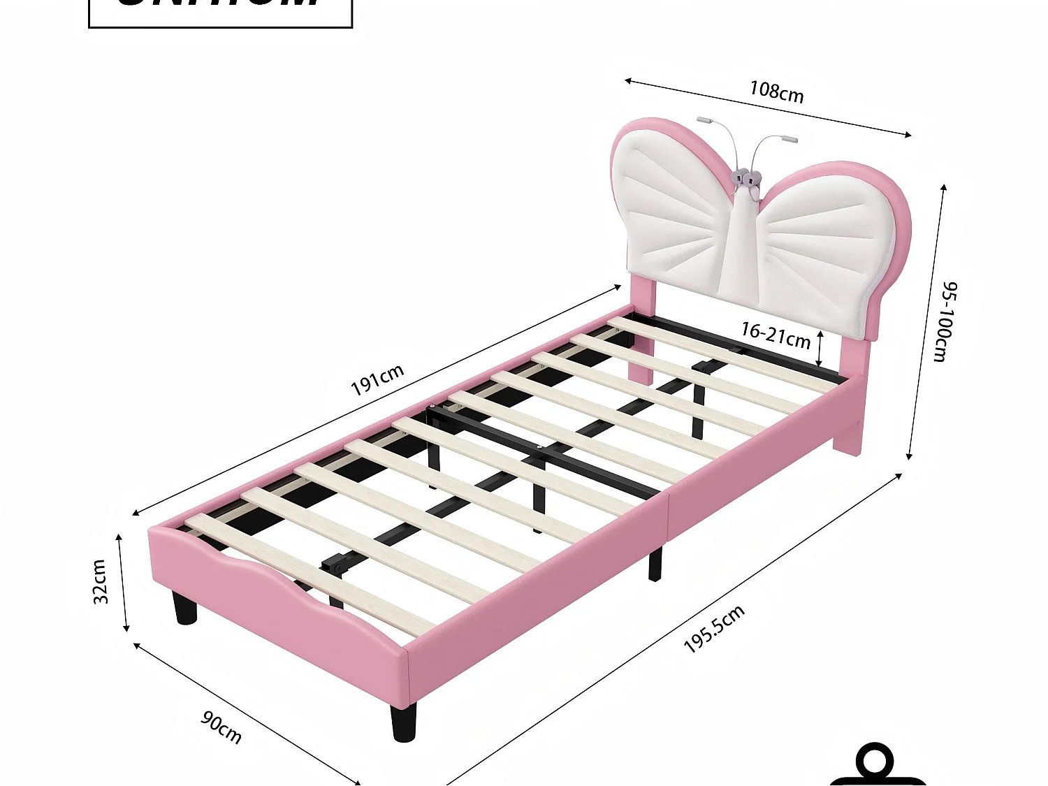 Lit enfant 90x190 cm - LED intégrée - Lit rembourré velours - Tête de lit papillon réglable - Sommier à lattes