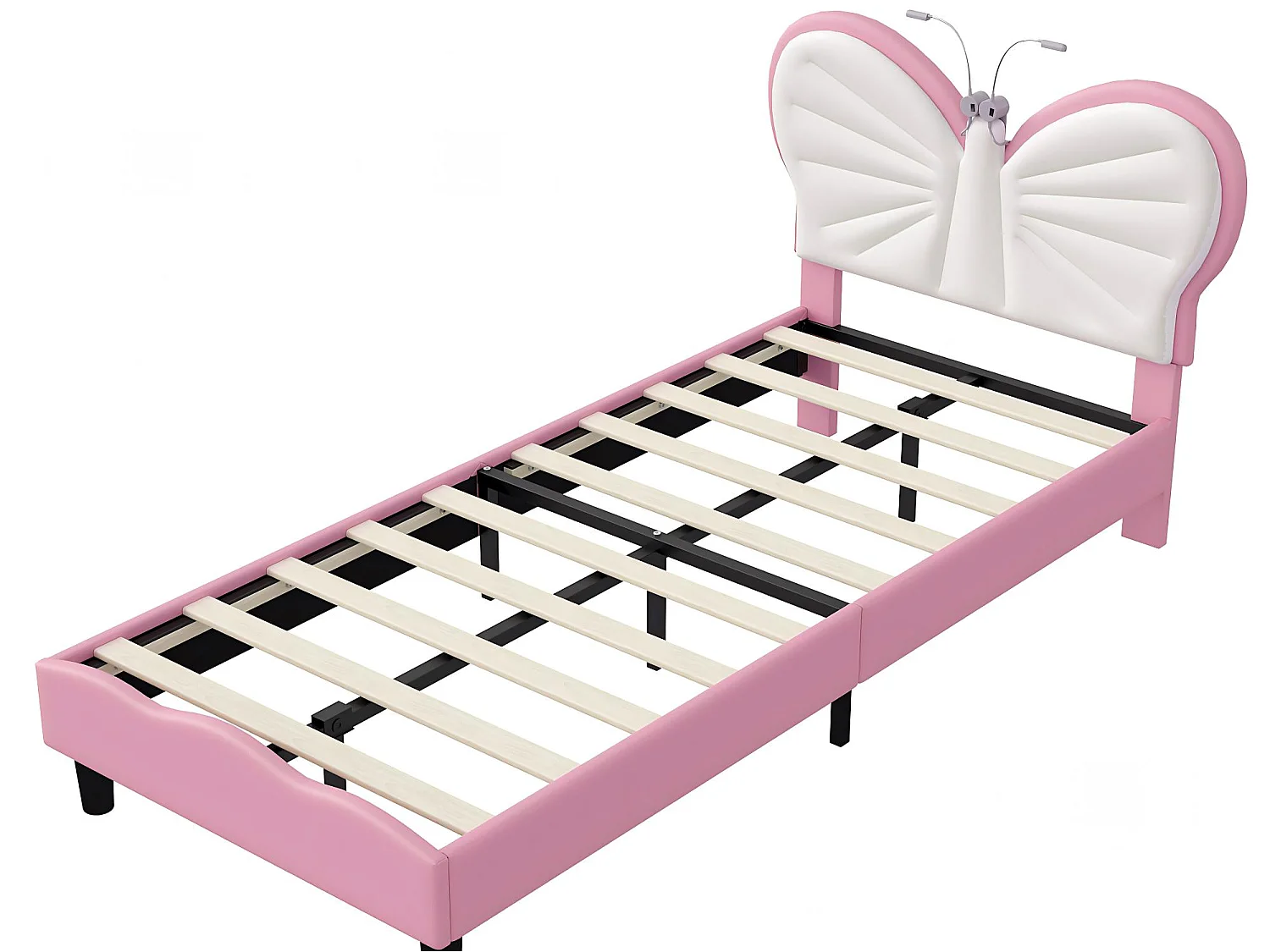 Lit enfant 90x190 cm - LED intégrée - Lit rembourré velours - Tête de lit papillon réglable - Sommier à lattes