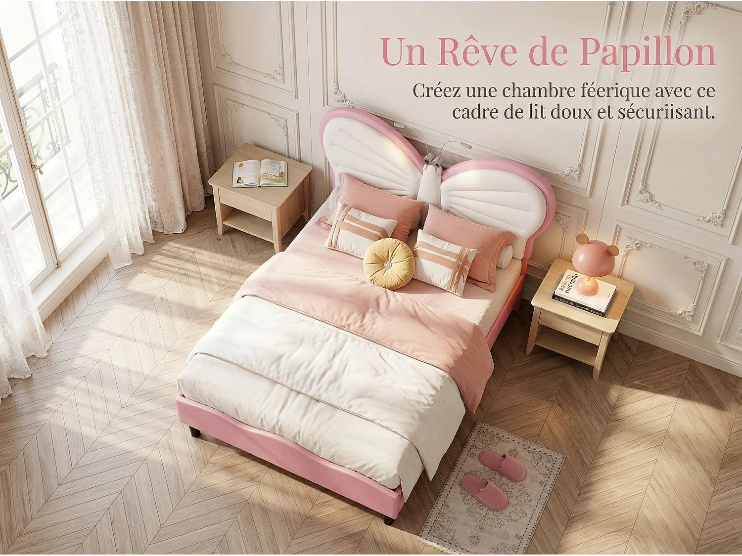 Lit enfant 90x190 cm - LED intégrée - Lit rembourré velours - Tête de lit papillon réglable - Sommier à lattes