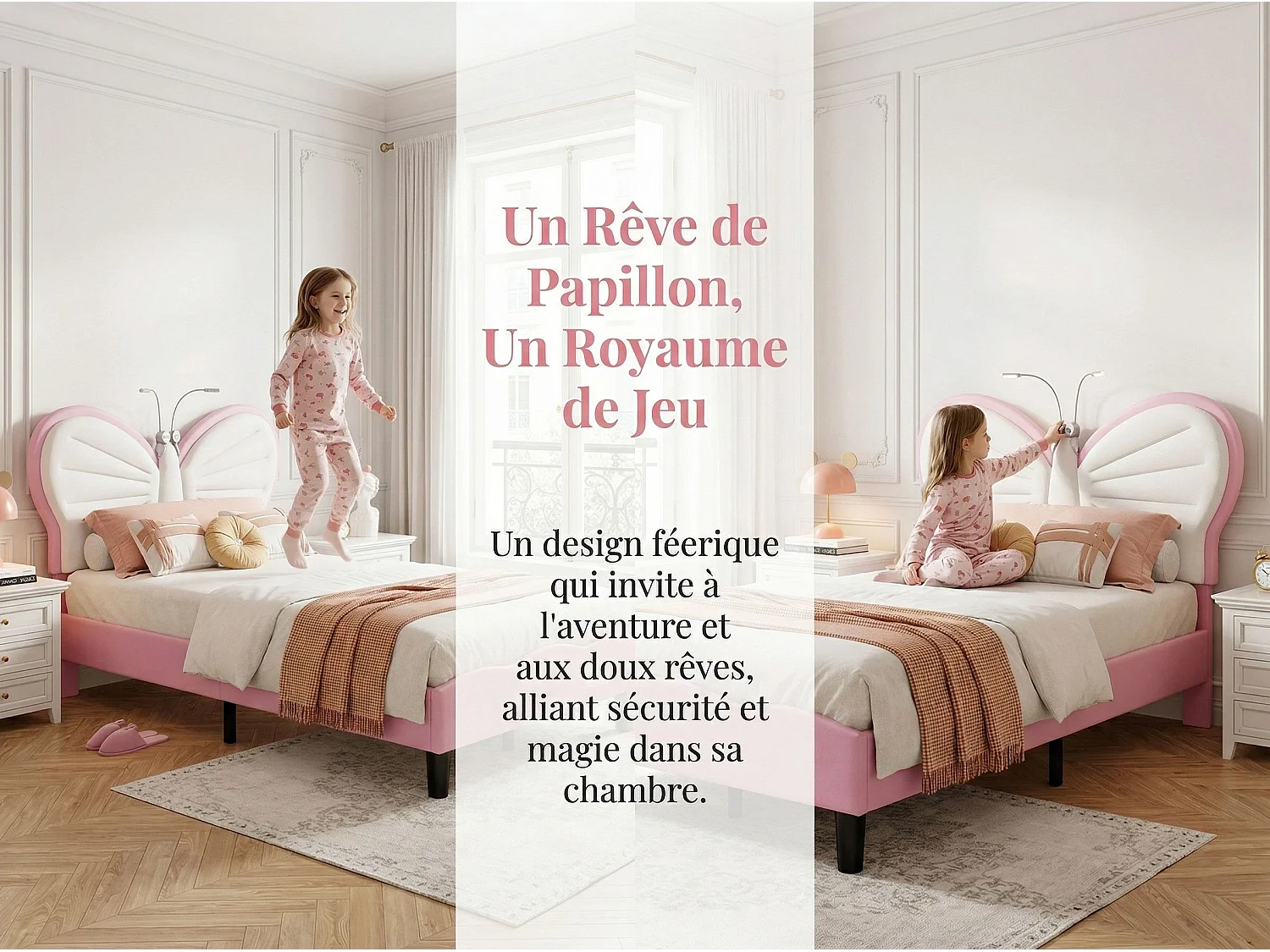 Lit enfant 90x190 cm - LED intégrée - Lit rembourré velours - Tête de lit papillon réglable - Sommier à lattes