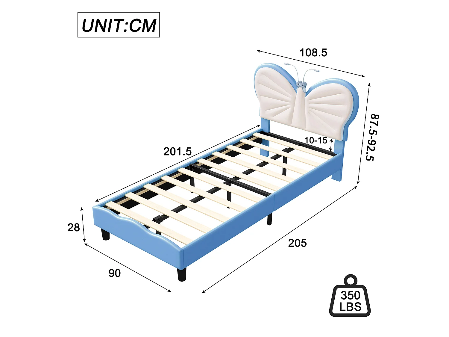 Lit enfant 90x200 cm - LED intégrée - Velours - Tête de lit papillon réglable - Sommier à lattes inclus