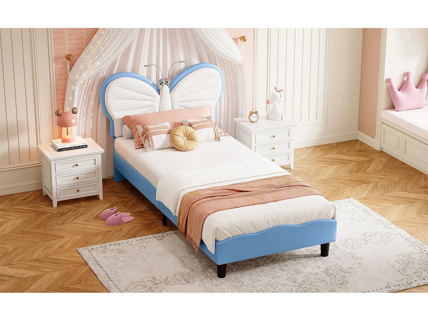 Lit enfant 90x200 cm - LED intégrée - Velours - Tête de lit papillon réglable - Sommier à lattes inclus
