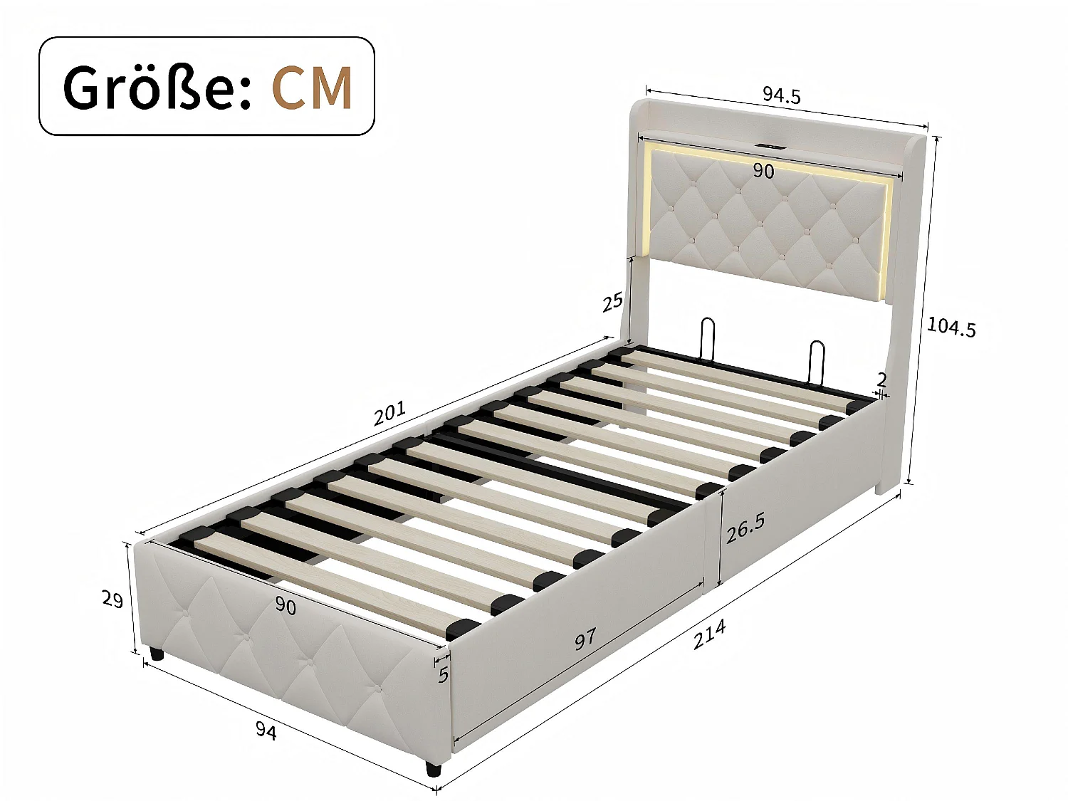 Lit coffre 90x200 cm - LED et USB - Lit double avec tête de lit rangement - Velours - Sommier inclus