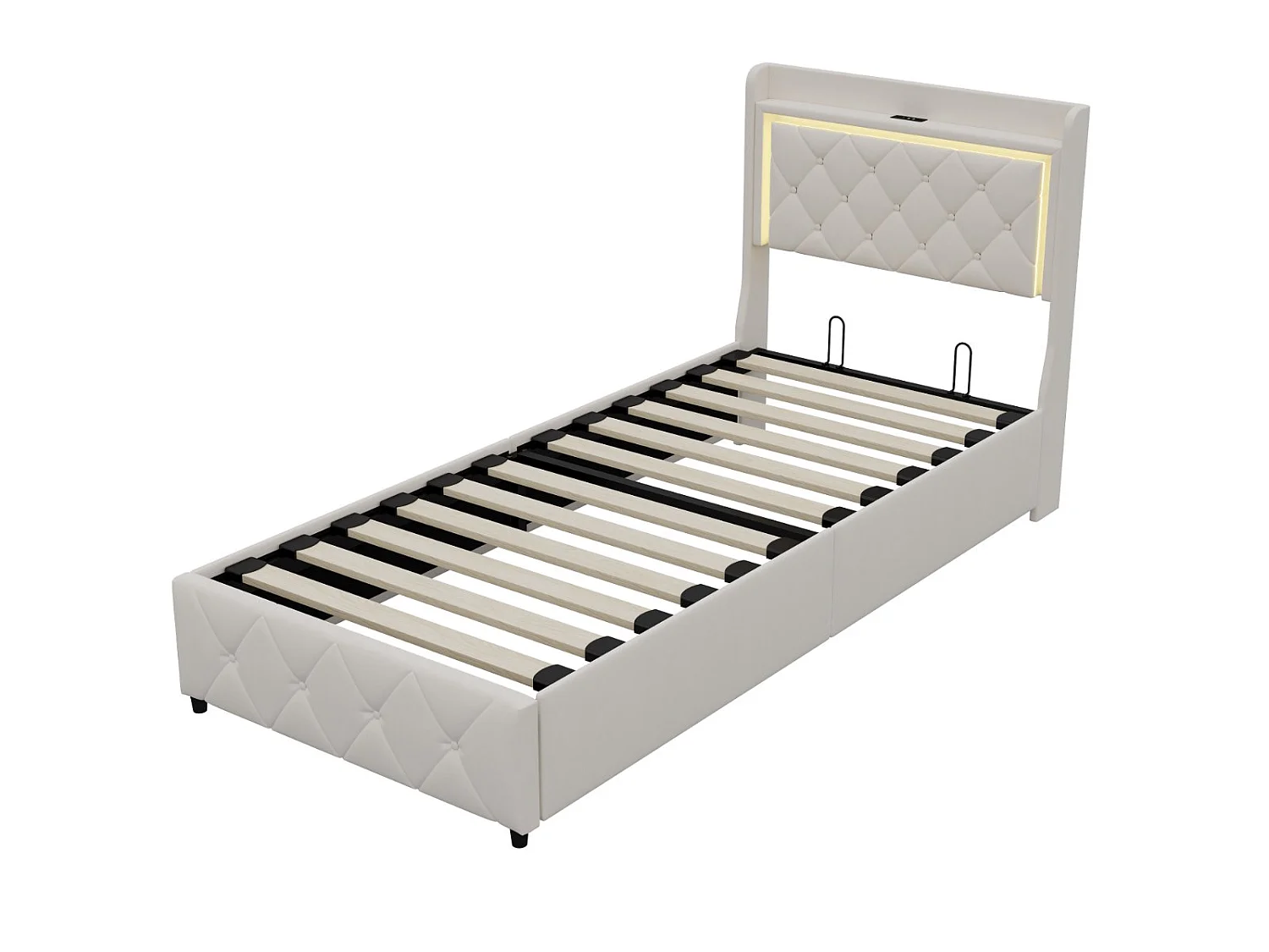 Lit coffre 90x200 cm - LED et USB - Lit double avec tête de lit rangement - Velours - Sommier inclus