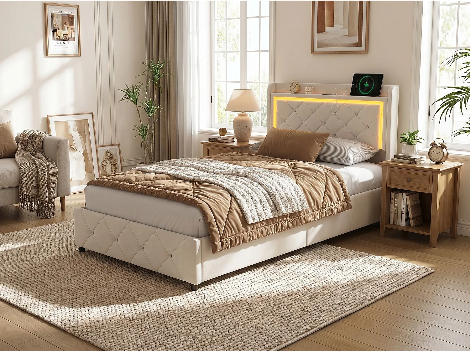 Lit coffre 90x200 cm - LED et USB - Lit double avec tête de lit rangement - Velours - Sommier inclus
