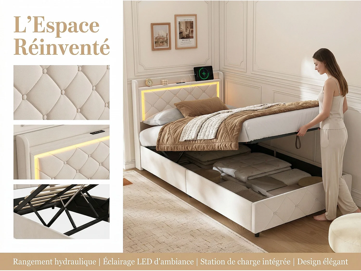 Lit coffre 90x200 cm - LED et USB - Lit double avec tête de lit rangement - Velours - Sommier inclus