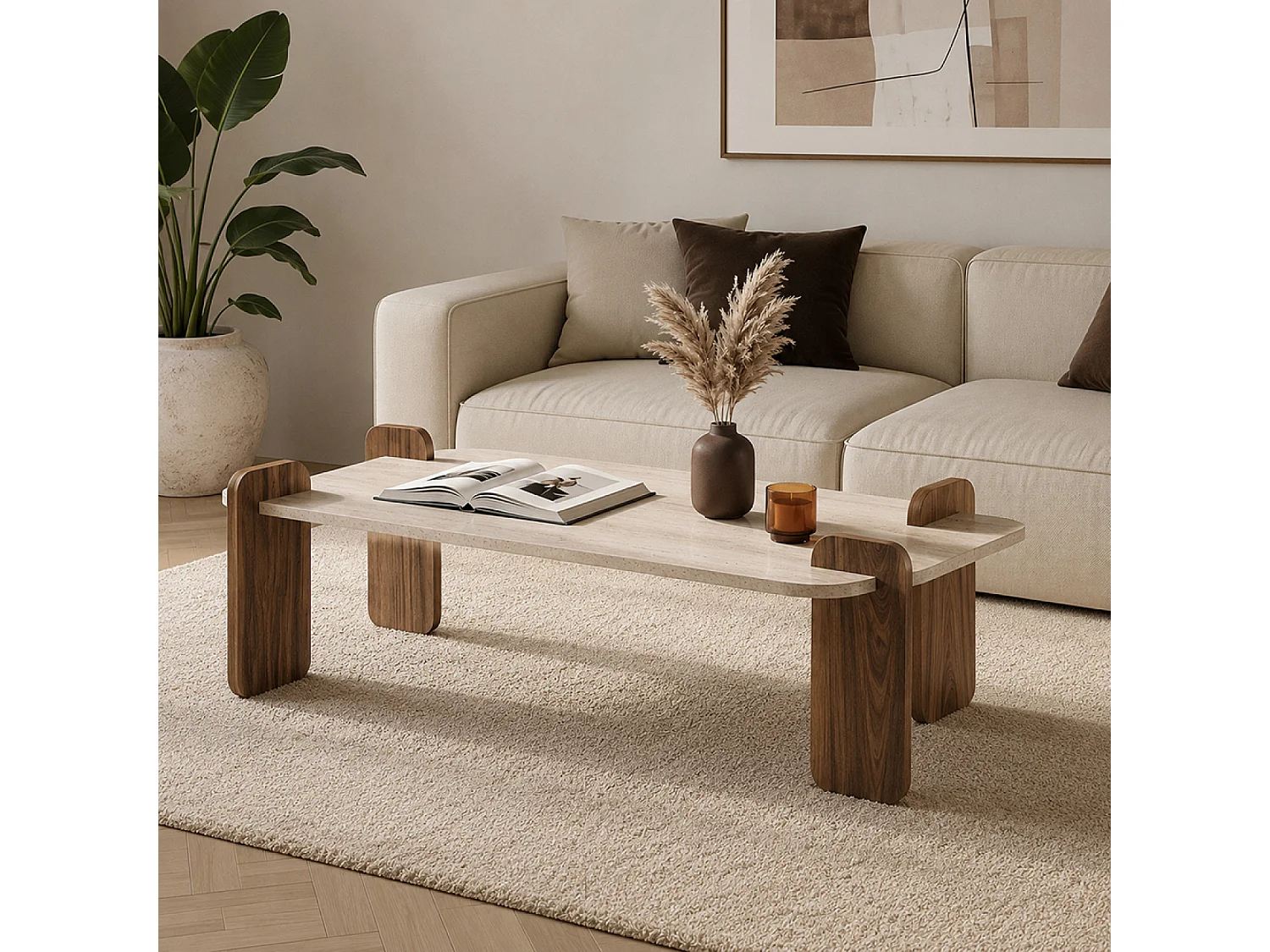 Table basse rectangulaire effet travertin et noyer 120cm SITA