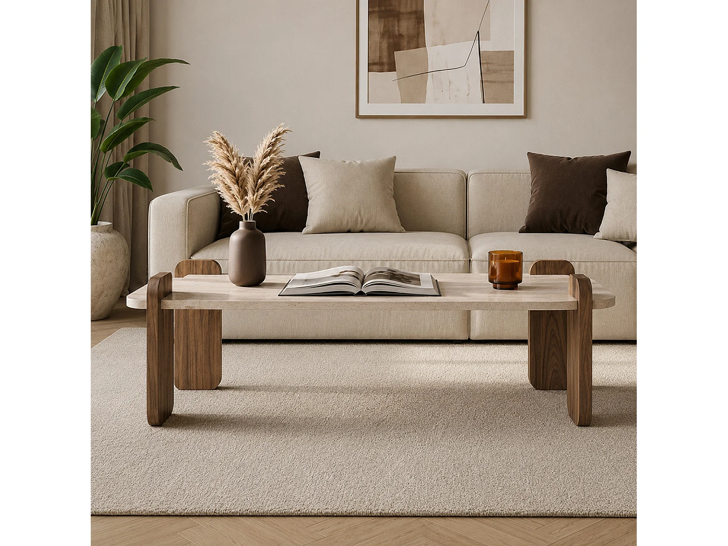 Table basse rectangulaire effet travertin et noyer 120cm SITA