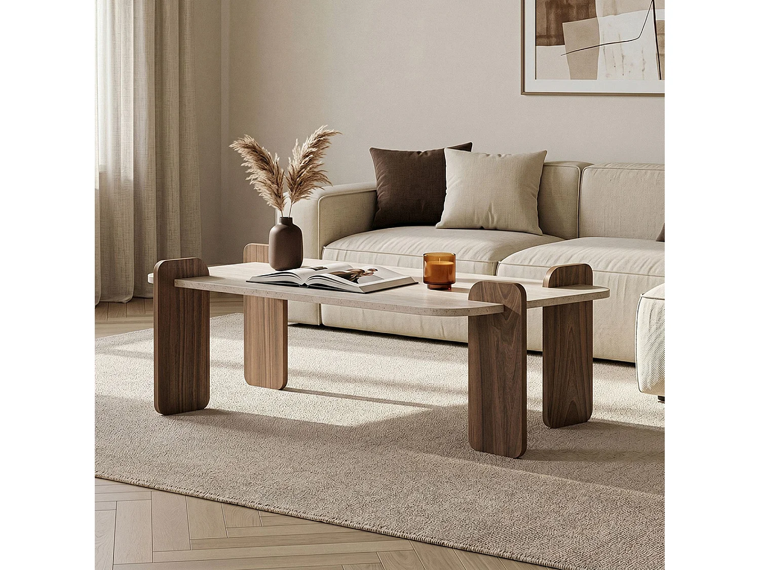 Table basse rectangulaire effet travertin et noyer 120cm SITA