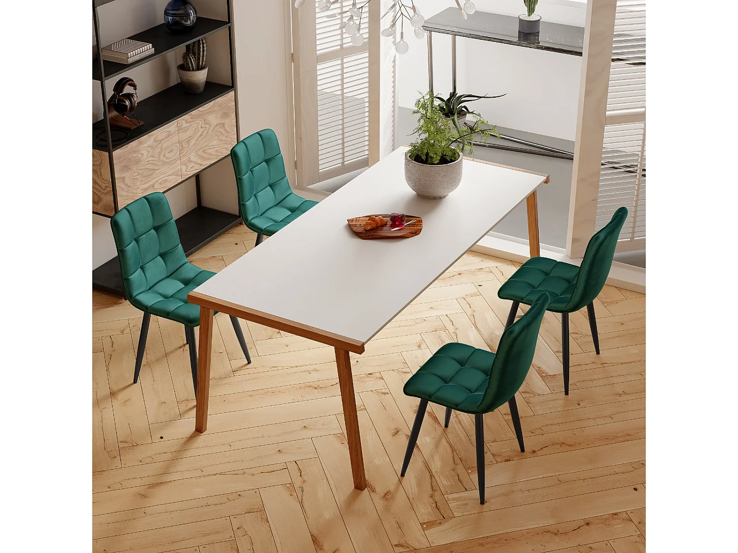 Lot de 4 chaises de salle à manger velours vert – Pieds métal, dossier capitonné, assise rembourrée