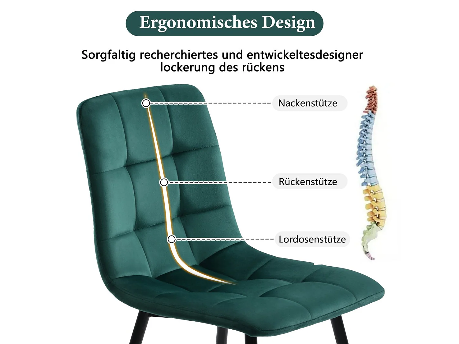 Lot de 4 chaises de salle à manger velours vert – Pieds métal, dossier capitonné, assise rembourrée