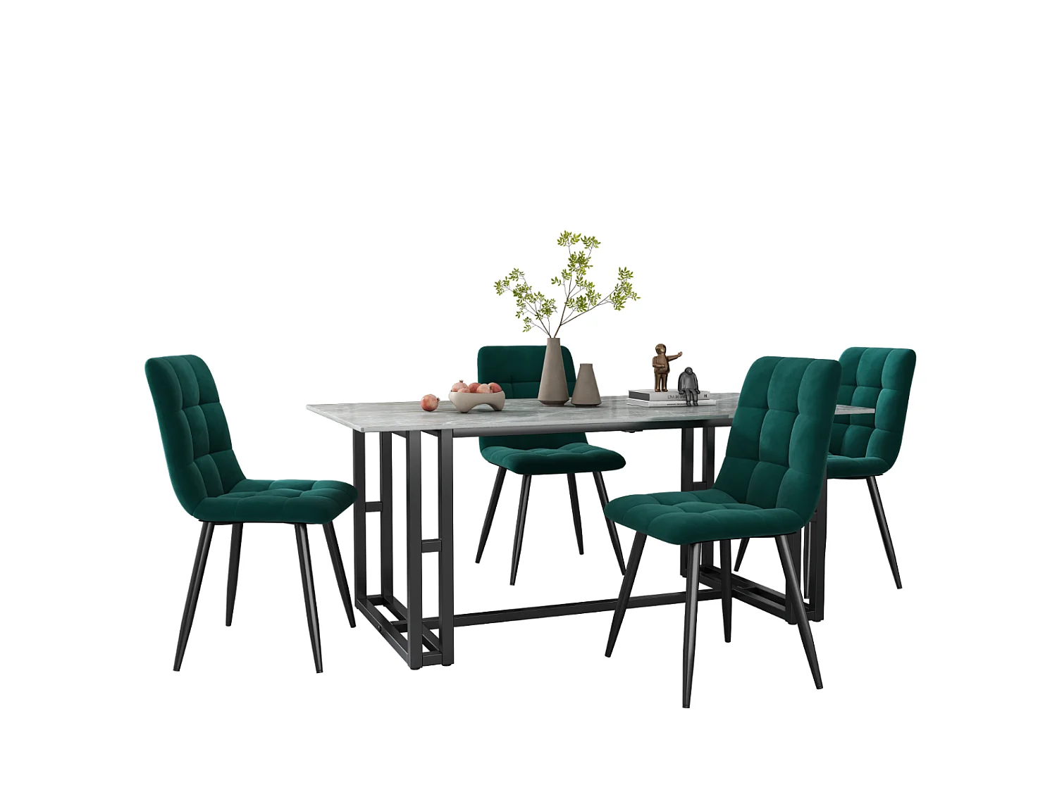 Lot de 4 chaises de salle à manger velours vert – Pieds métal, dossier capitonné, assise rembourrée