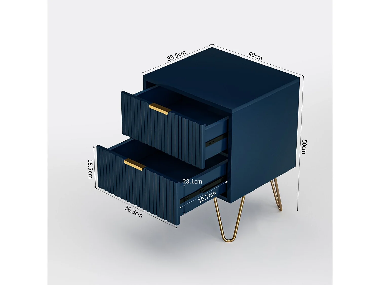 Table de chevet bleue 2 tiroirs effet rainuré avec pieds dorés, meuble de nuit moderne pour chambre et salon