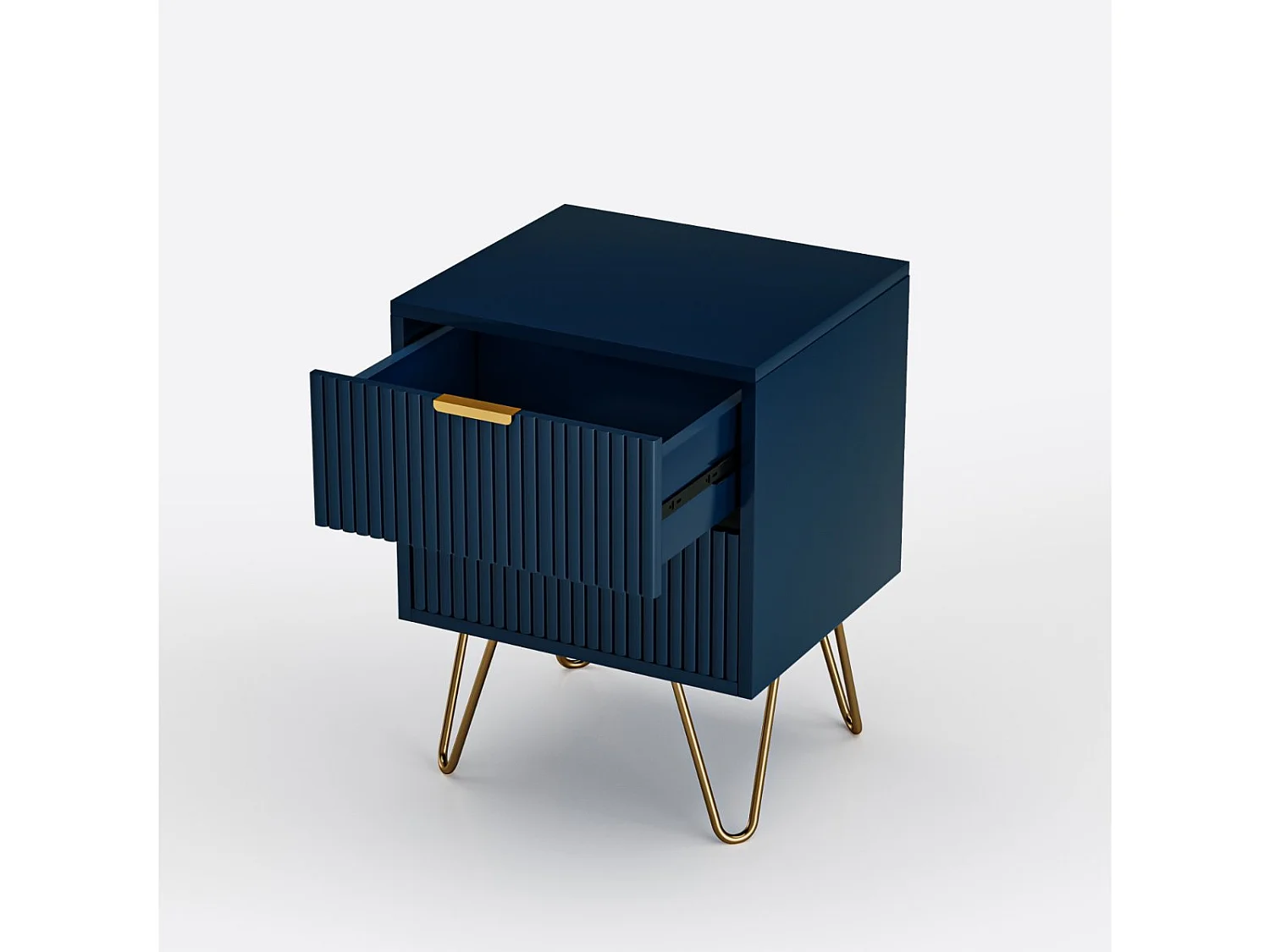 Table de chevet bleue 2 tiroirs effet rainuré avec pieds dorés, meuble de nuit moderne pour chambre et salon