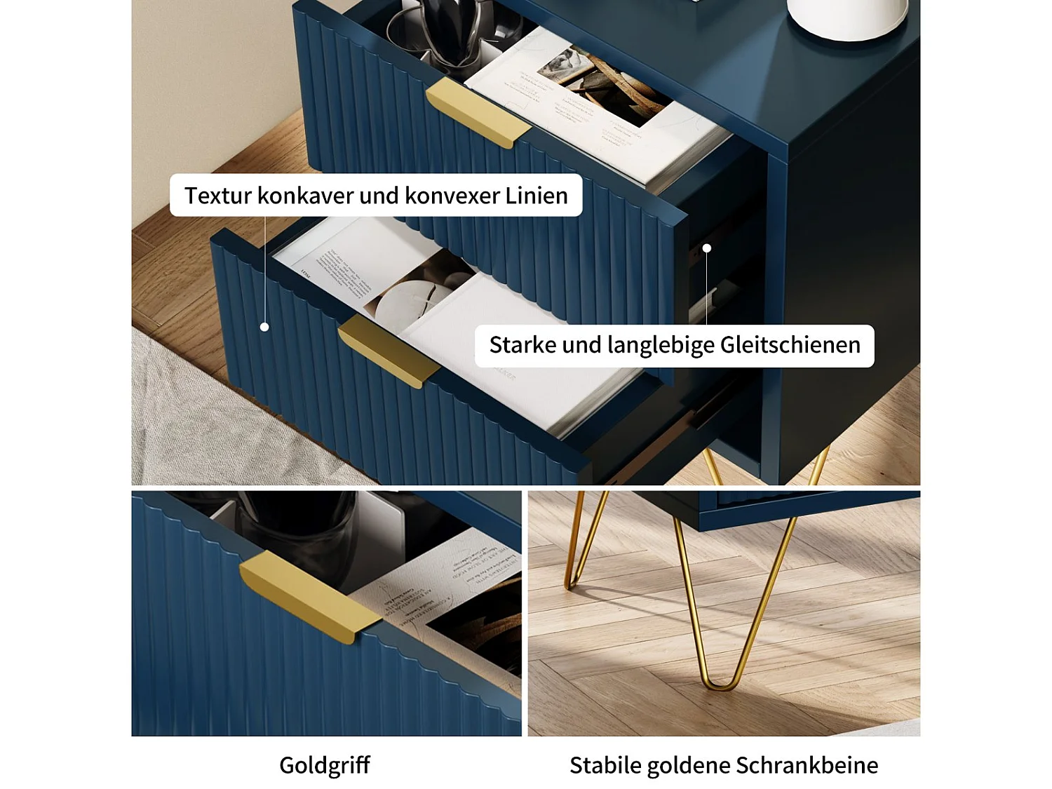 Table de chevet bleue 2 tiroirs effet rainuré avec pieds dorés, meuble de nuit moderne pour chambre et salon
